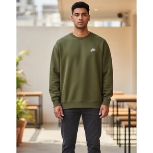 Nike Sweatshirt Men's XL Olive Green Crewneck Pullover Swoosh Logo Fleece